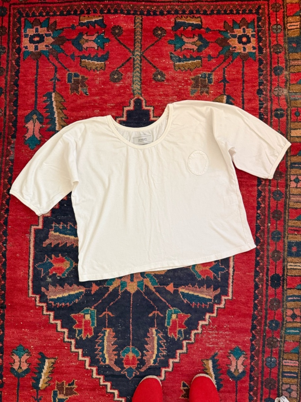 IRONARI O Tee Shirt - White Cotton - Quirky Circle Pocket - Purchased in Japan